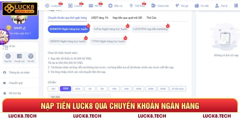 Nạp Tiền Luck8 - Hướng Dẫn Thực Hiện Và Giải Đáp Thắc Mắc 6 Nạp tiền Luck8 qua chuyển khoản ngân hàng